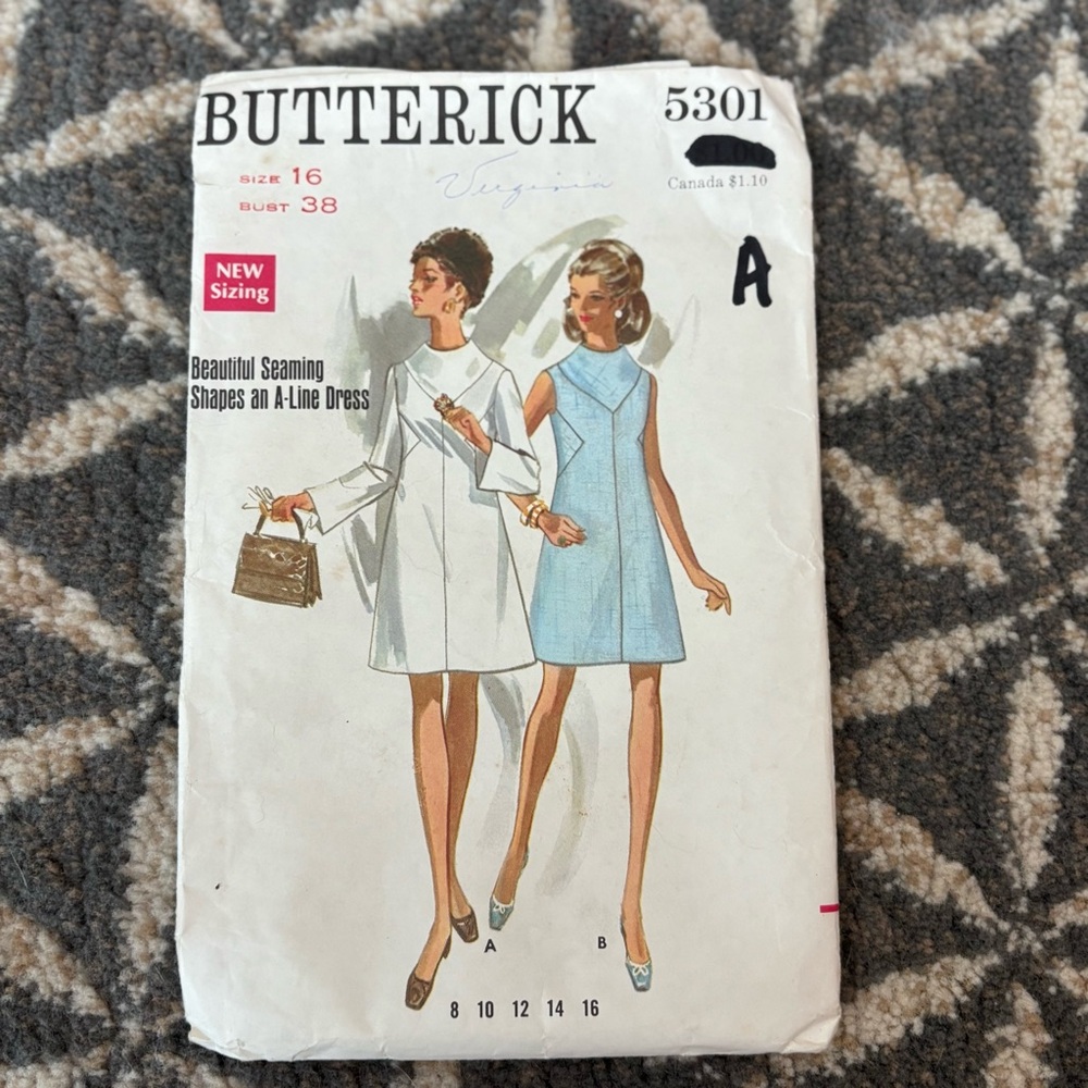 60's Butterick Pattern 5301 - Misses' A-Line Dress - Size 16 -60's Dress Pattern